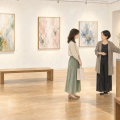 ギャラリーの受付で、作家と来場者がお祝いの花の置き場所を相談する様子
