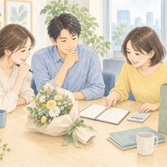 送別会の花と紙袋を前に、同僚たちが予算と準備の分担を相談する様子