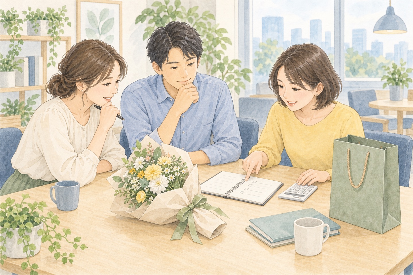 送別会の花と紙袋を前に、同僚たちが予算と準備の分担を相談する様子