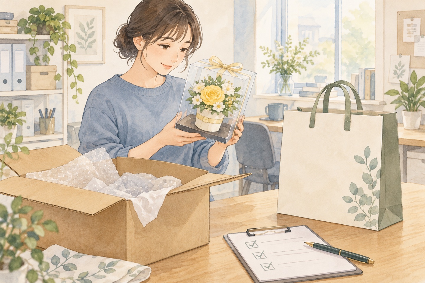 届いた花を箱から取り出し、状態を確認して持ち運び用の袋を準備する様子