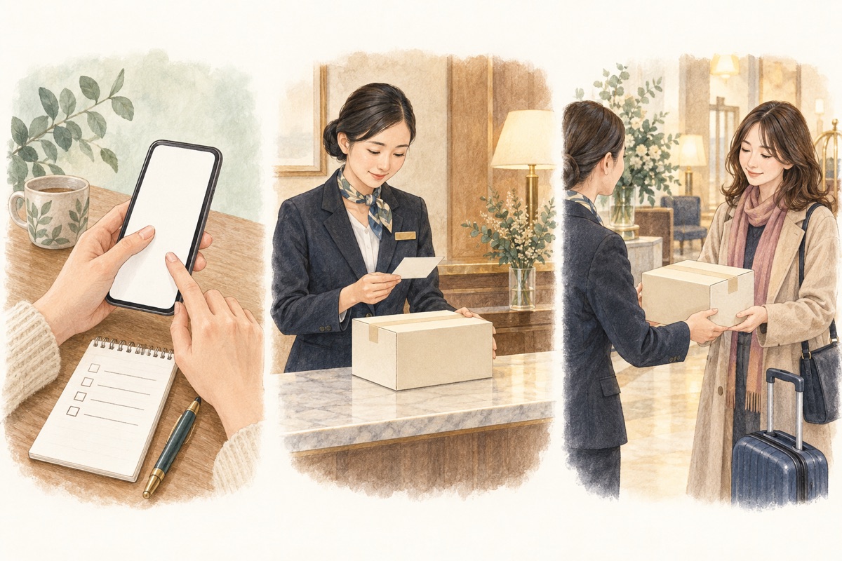 事前相談、フロントでの荷物受領、旅行者への手渡しを順に示した三つの場面