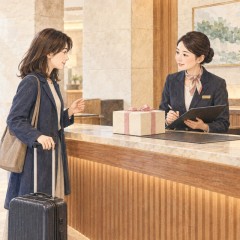 ホテルのフロントで、旅行者がスタッフにギフトの受け取りを相談する様子