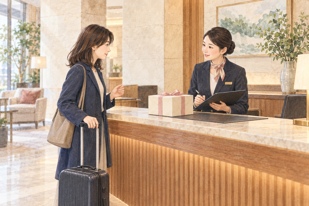 ホテルのフロントで、旅行者がスタッフにギフトの受け取りを相談する様子