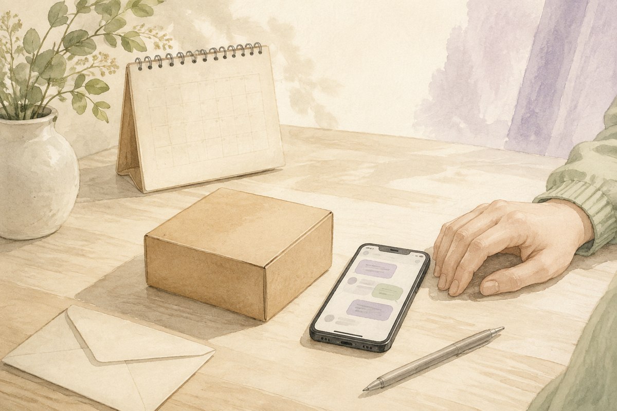 スマートフォンとカレンダーを使い花の荷物を受け取れる日を相談する卓上