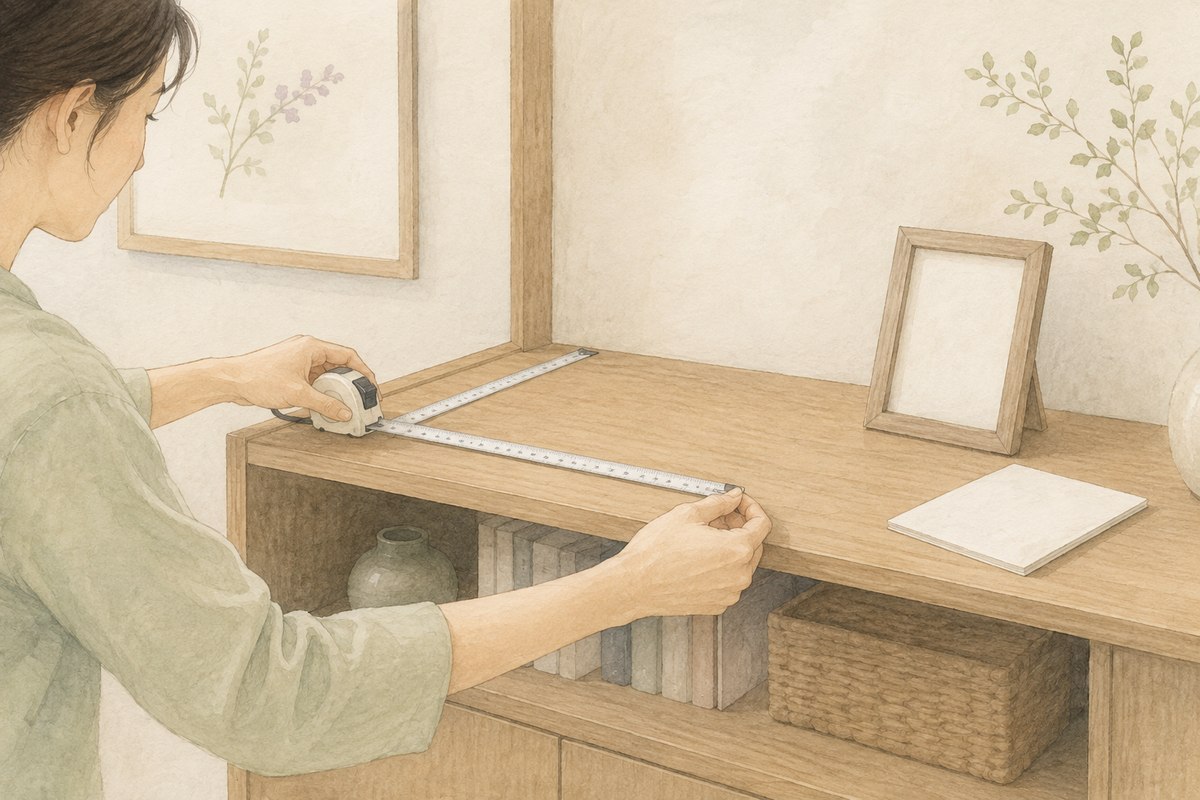 写真立ての隣に花を置くため棚の幅と奥行きを測る手元