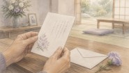 静かな部屋で喪中の知らせを受け取ったはがきに目を通す手元