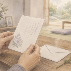 静かな部屋で喪中の知らせを受け取ったはがきに目を通す手元