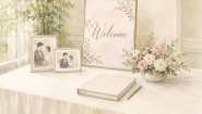 ウェルカムボードと二人の写真に小さな花を添えた結婚式の受付周辺