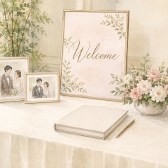 ウェルカムボードと二人の写真に小さな花を添えた結婚式の受付周辺