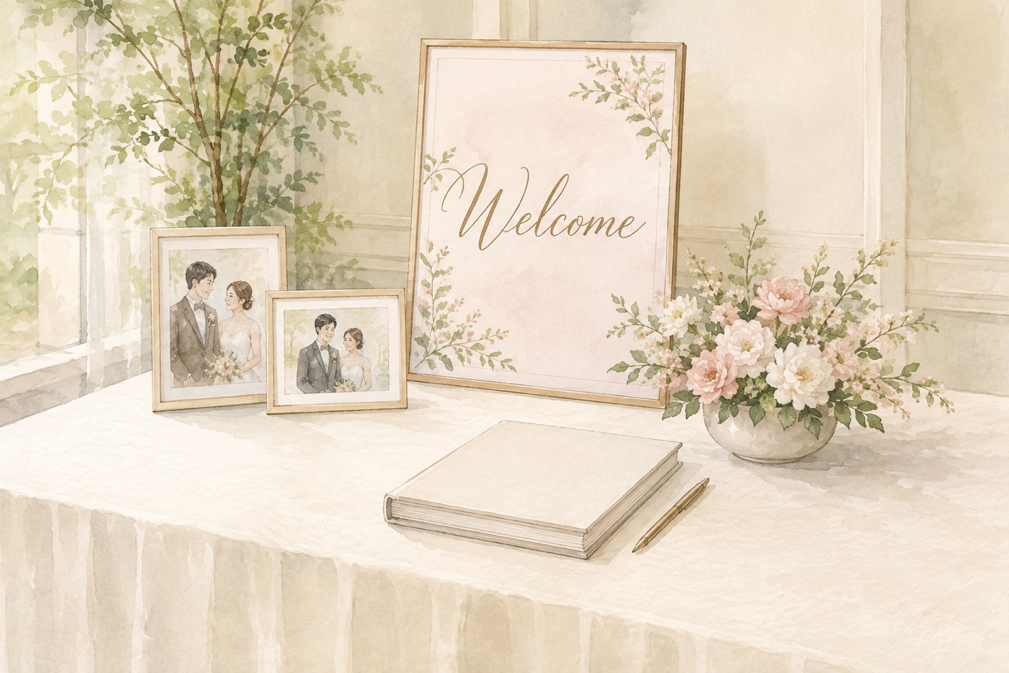 ウェルカムボードと二人の写真に小さな花を添えた結婚式の受付周辺