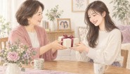 自宅で二十歳を迎える娘に小さな贈り物を手渡す親