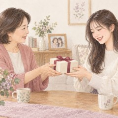 自宅で二十歳を迎える娘に小さな贈り物を手渡す親
