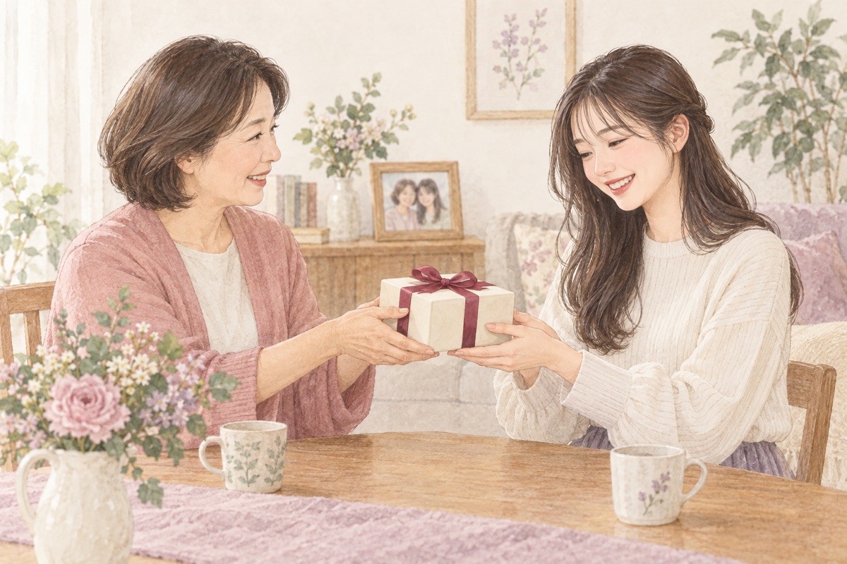 自宅で二十歳を迎える娘に小さな贈り物を手渡す親
