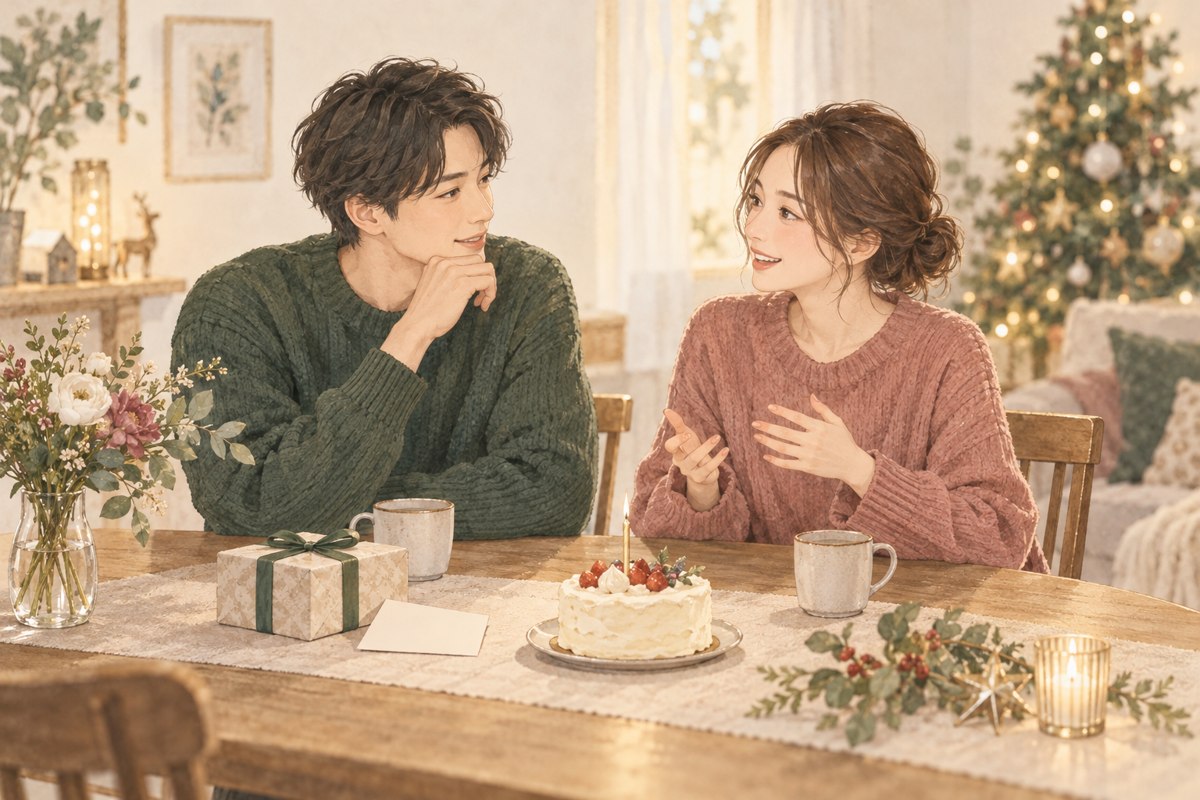クリスマスの飾りがある部屋で、お祝いの過ごし方を話す二人