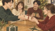 クリスマスの集まりで小さな贈り物を交換する大人の友人たち