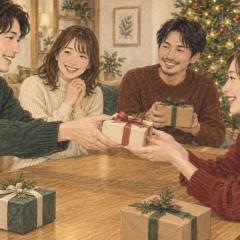 クリスマスの集まりで小さな贈り物を交換する大人の友人たち