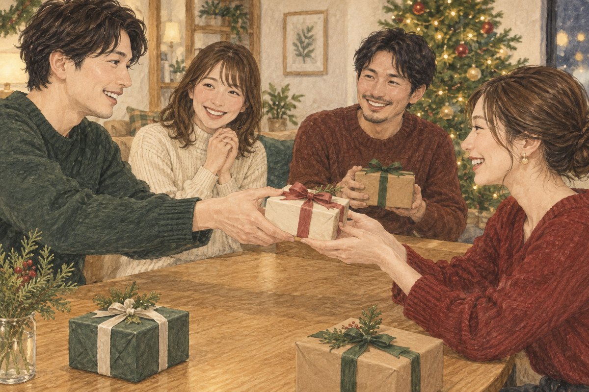 クリスマスの集まりで小さな贈り物を交換する大人の友人たち