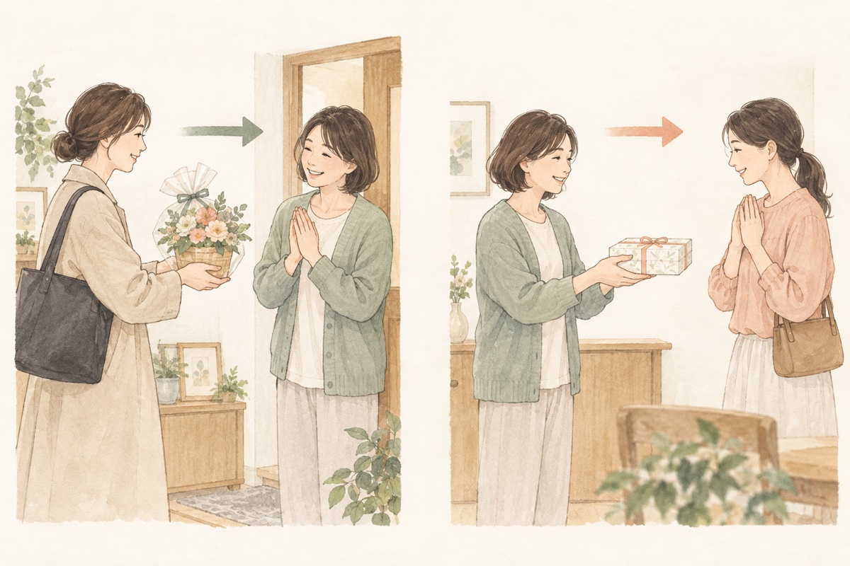 友人から自宅に戻った人へ花を渡す場面と、本人から友人へお礼の品を渡す場面