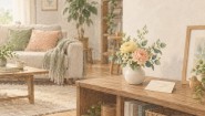 自宅の棚に置いた小さな黄色と桃色の花と、そばに添えた封筒