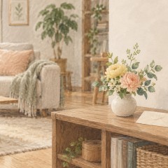 自宅の棚に置いた小さな黄色と桃色の花と、そばに添えた封筒