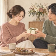 自宅で小さな贈り物を手渡す夫婦