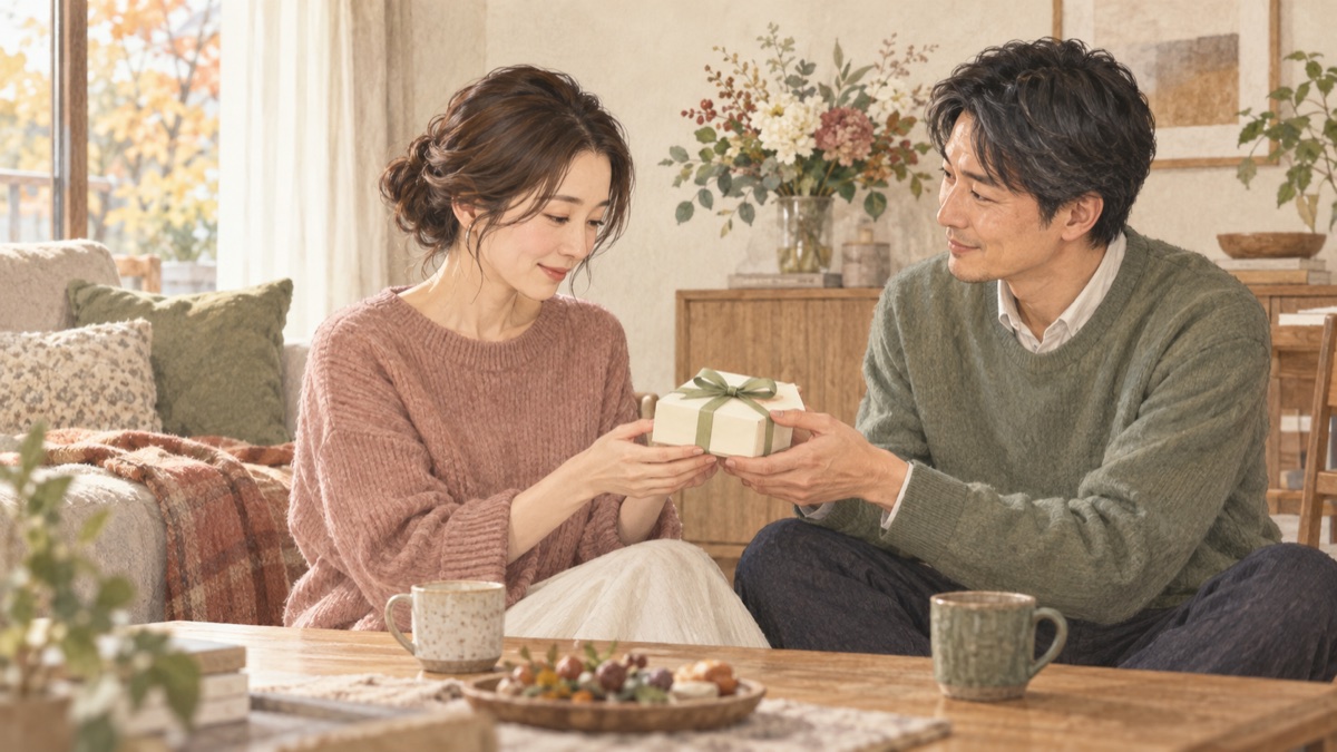自宅で小さな贈り物を手渡す夫婦