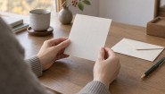 窓辺の机で受け取ったはがきに目を通す手元