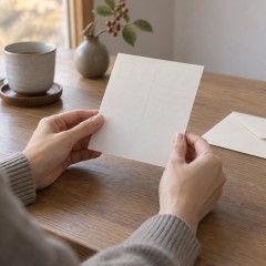 窓辺の机で受け取ったはがきに目を通す手元