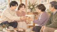 年始の挨拶で実家を訪れ、小さな贈り物を手渡す家族
