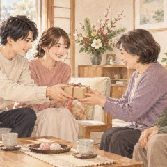 年始の挨拶で実家を訪れ、小さな贈り物を手渡す家族