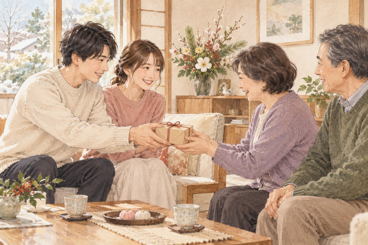 年始の挨拶で実家を訪れ、小さな贈り物を手渡す家族