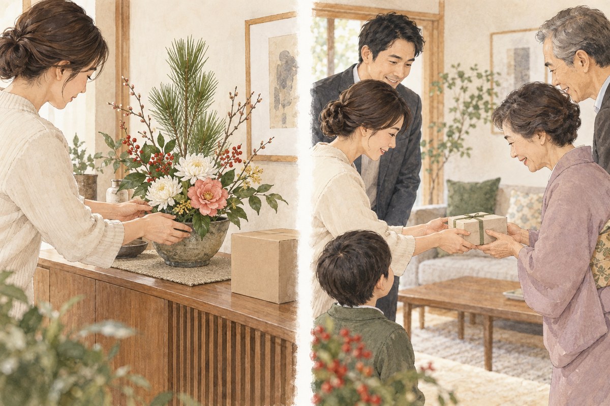 年末に花を飾る場面と、年始の訪問で贈り物を渡す場面