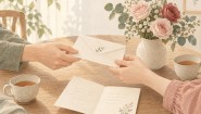 花を飾ったテーブルで、結婚記念日の手紙を渡す二人の手元