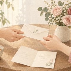 花を飾ったテーブルで、結婚記念日の手紙を渡す二人の手元
