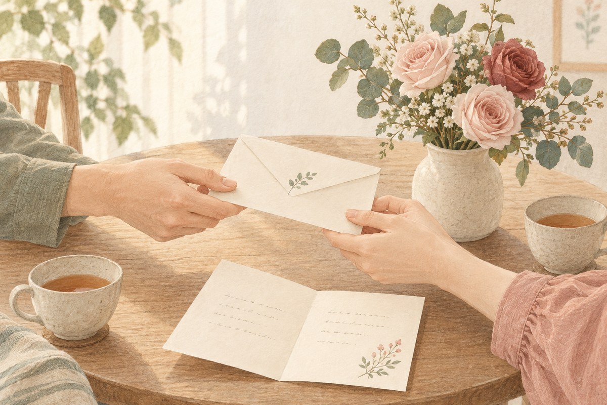 花を飾ったテーブルで、結婚記念日の手紙を渡す二人の手元