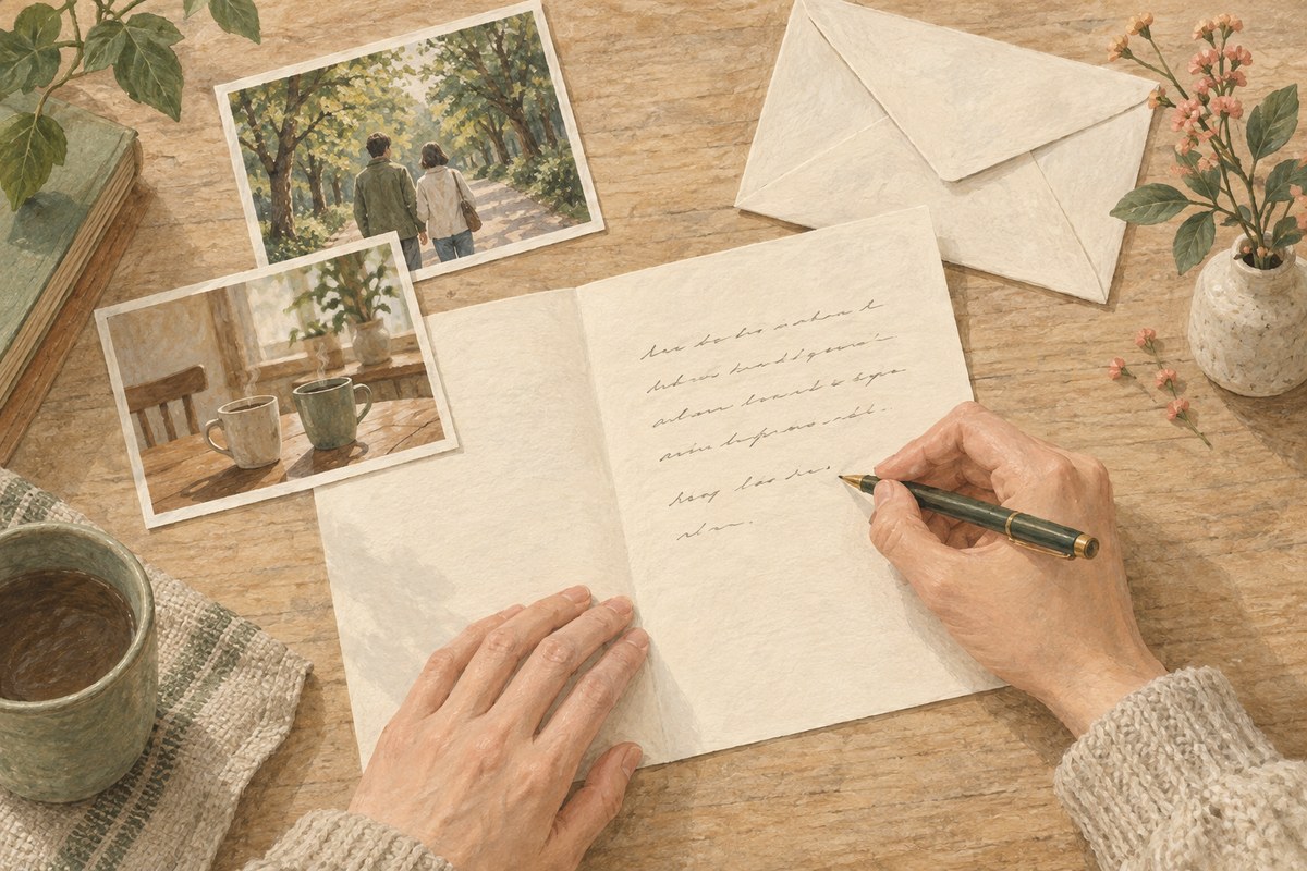 日常の思い出の写真をそばに置き、便箋に手紙を書く手元