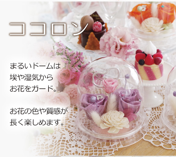 ココロン まるいドームは埃や湿気からお花をガード。お花の色や質感が長く楽しめます。